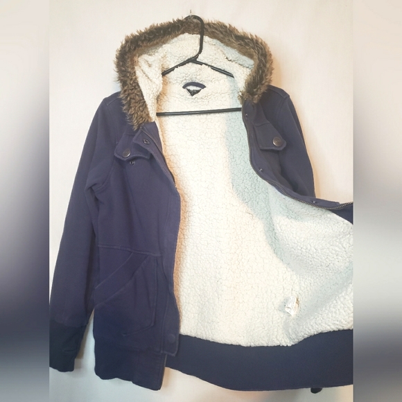 ROXY Blue White Jacket Hoodie Fur Trim Zipper Winter Snap Buttons Size M - Picture 7 of 8